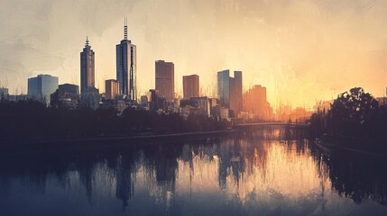 Fototapeta premium City skyline reflected in water at sunset with warm light and silhouetted trees.