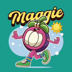 Funny Mangosteen fruit 70s retro comic cartoon character illustration	
