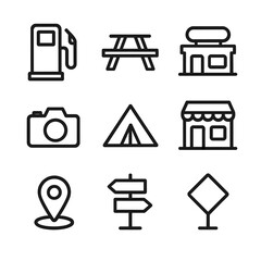 Road Trip Icons. Outline icon set of road trip pit stops: gas pump, rest area picnic table, roadside diner, motel sign, scenic