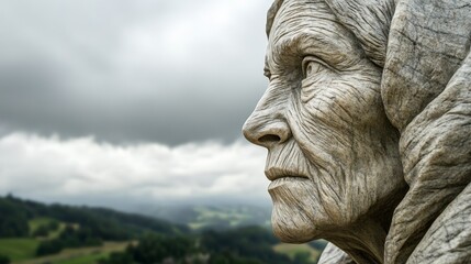 Old woman statue with headscarf against a cloudy sky and green landscape.