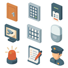 Security Icon Set. Isometric Flat icon set of security and access control: lockable door, keypad entry, security badge reader,