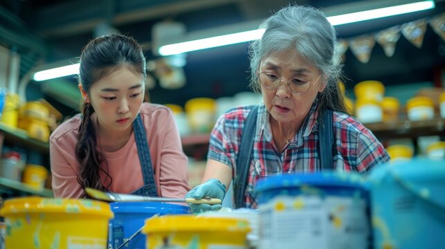 Asian artist teaches young woman painting with paint and brush, working together in workshop, focus and care - Powered by Adobe