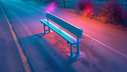 Neon lit bench along the road in a vibrant color scheme under the colorful atmospheric effects of the night
