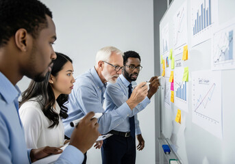 A senior manager mentors a diverse business team during a strategy session at a whiteboard with charts and sticky notes.