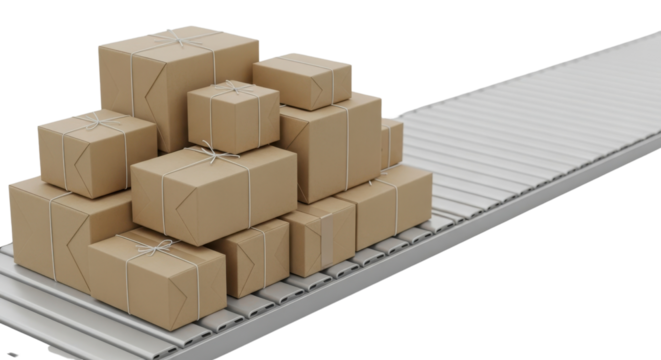 Stack of Cardboard Delivery Boxes Moving on Metal Roller Conveyor Belt Isolated on White Background - Powered by Adobe