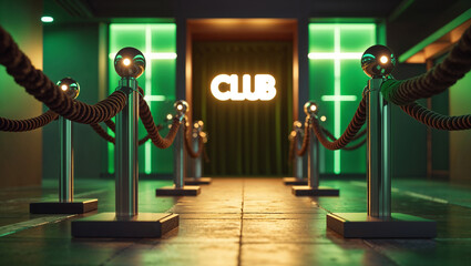 Nightclub entrance illuminated with green lights velvet rope and shiny stanchions leading to the club sign