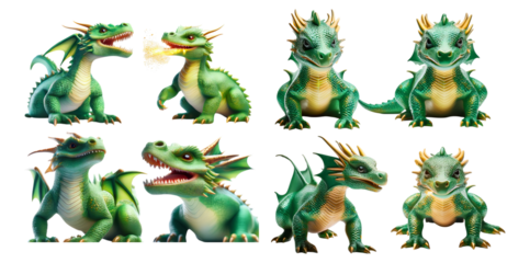 Colorful Cartoon Dragon Characters in Various Poses and Expressions, Isolated on Transparent, white background