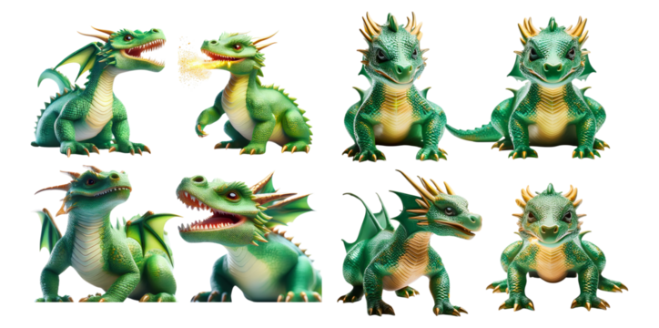 Colorful Cartoon Dragon Characters in Various Poses and Expressions, Isolated on Transparent, white background