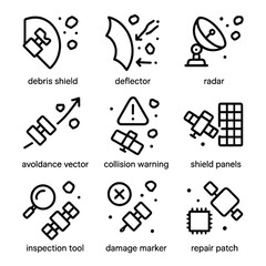 Fototapeta premium Space Debris Icons. Outline icon set of space debris management: debris shield, deflector plate, tracking radar, avoidance vector,