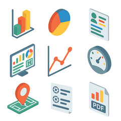 Sports Analytics Icons. Isometric Flat icon set of sports statistics: bar chart, pie chart, player stats sheet, analytics