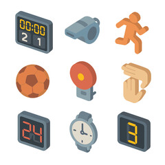 Sports Timer Icon Set. Isometric Flat icon set of sports match countdown: stadium scoreboard timer, referee whistle, player