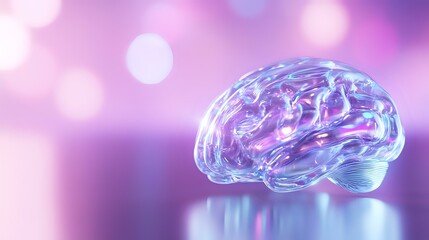 Glowing translucent brain model floating on purple and pink bokeh background, highlighting neural activity and cognitive science concepts in medical visualization.