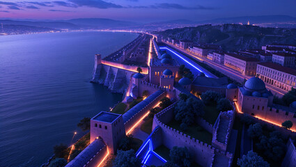 Panoramic aerial view of a stunning medieval coastal city illuminated at twilight with vibrant blue and orange lights