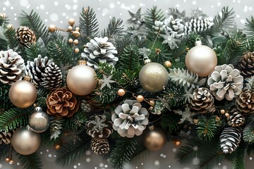 Festive winter arrangement with champagne ornaments, frosted pinecones, and evergreen branches against dark background with falling snow effect for holiday decor.