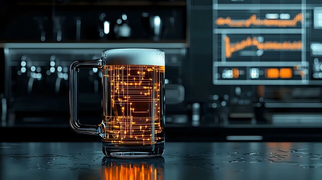 Glass mug of fresh beer with glowing orange circuit board pattern on dark background with digital screens, futuristic concept for smart brewery technology. - Powered by Adobe