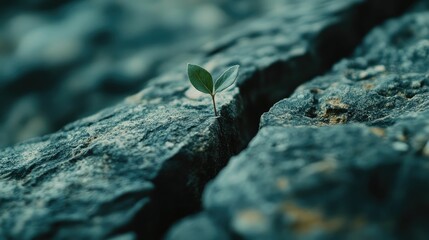 Tiny sprout emerges from cracked stone resilience