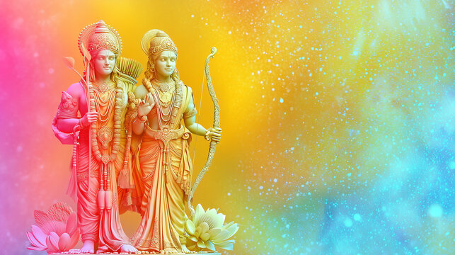 ram darbar, modern version of Ram Darbar in colorful 3D art, Rama holding bow and Sita with lotus flower, gradient background from gold to sky blue
