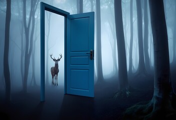 Porta aperta nella foresta nebbiosa con cervo, simbolo di natura e silenzio