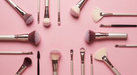 Fototapeta premium Assortment of makeup brushes arranged on a pink background, showcasing various shapes and sizes for different makeup applications, creating a stylish and elegant flat lay composition.