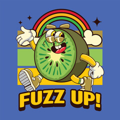 Funny Kiwi fruit 70s retro comic cartoon character illustration