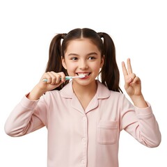 a smiling young girl in pajamas, brushing her teeth and making a peace sign. It's suitable for promoting oral hygiene, children's health products, dental care awareness, and family-oriented content.