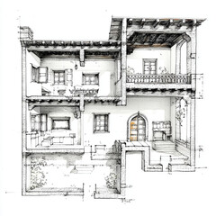 A detailed architectural sketch of house interior, showcasing multiple rooms, balconies, and structural elements. design reflects blend of traditional and modern styles, emphasizing open spaces and
