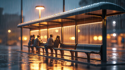 People waiting at a bus stop during a heavy rainstorm with wet pavement and illuminated lights creating a moody atmosphere