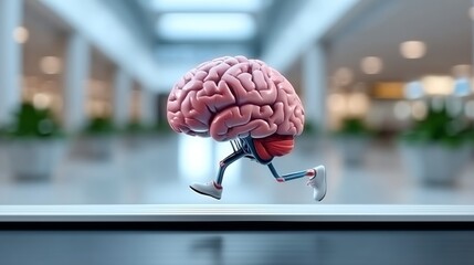 Cartoon brain character with legs and sneakers is running energetically on a treadmill in a modern indoor space, showcasing creativity and the concept of mental agility and fitness