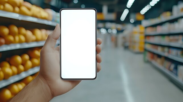 Hand holding modern smartphone with blank white screen in supermarket aisle with blurred grocery shelves and fresh oranges in background.
