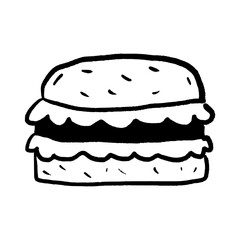 Hand-Drawn Doodle Hamburger Vector Icon. Simple sketch-style illustration of a classic fast food burger with buns and patty for restaurant menus and culinary designs.