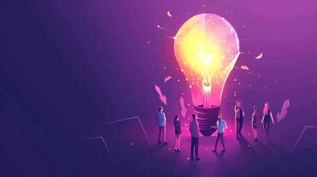 Team Collaborating on a Big Idea: Futuristic Illustration of Business People Around a Giant Light Bulb