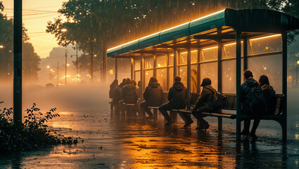 People waiting for transport in a bus stop during a heavy rain and the soft glow of lights.