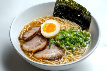 Traditional Asian noodle soup with sliced chashu pork, soft-boiled egg, green onions and nori seaweed in clear savory broth served in white ceramic bowl.