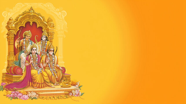 ram darbar, traditional representation of Ram Darbar with Rama, Sita, Lakshmana and Hanuman sitting on golden throne, gradient background from orange to yellow