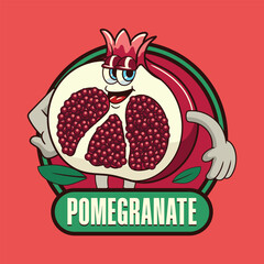 Funny Pomegranate fruit 70s retro comic cartoon character illustration
