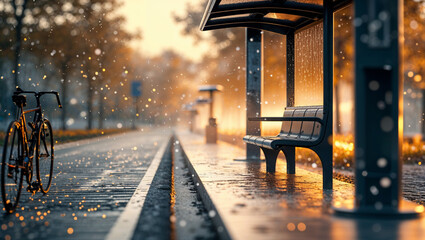Rainy day scene featuring a bicycle at a bus stop with rain and autumnal bokeh lights