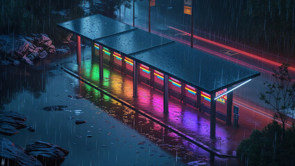 Rainy neon bus stop reflecting colorful lights on wet pavement with blurry car trails at nighttime