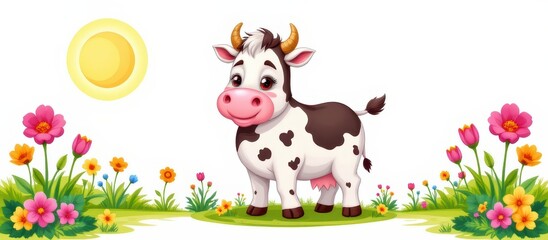 Obraz premium Cute cartoon cow in a colorful flower field under the sun.