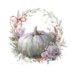 Colorful watercolor pumpkin with floral wreath. Helloween element. Thanksgiving greeting card template. Digital illustration.	