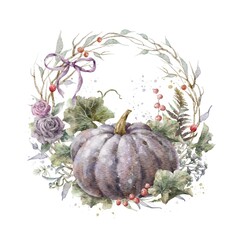 Colorful watercolor pumpkin with floral wreath. Helloween element. Thanksgiving greeting card template. Digital illustration.	