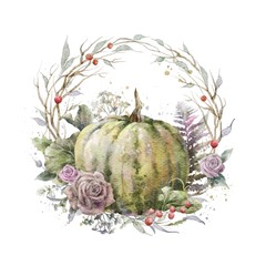 Colorful watercolor pumpkin with floral wreath. Helloween element. Thanksgiving greeting card template. Digital illustration.	
