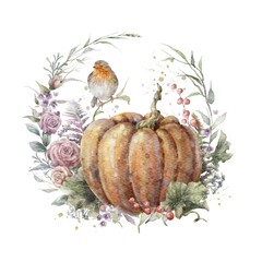Colorful watercolor pumpkin with floral wreath, roses and bird. Helloween element. Thanksgiving greeting card template. Digital illustration.	