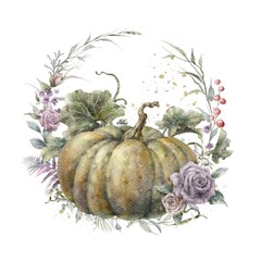 Colorful watercolor pumpkin with floral wreath. Helloween element. Thanksgiving greeting card template. Digital illustration.	