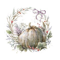 Colorful watercolor pumpkin with floral wreath. Helloween element. Thanksgiving greeting card template. Digital illustration.	