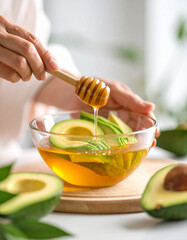 A bowl of honey gently mixed with avocado as preparation for a DIY skincare mask close-up.