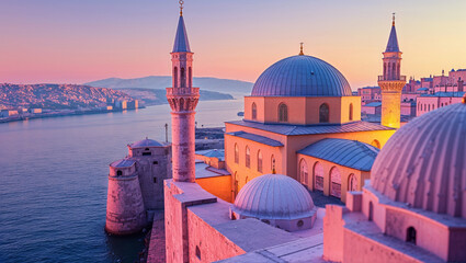 Scenic aerial view of a majestic mosque with prominent domes and minarets during a picturesque sunrise over the tranquil sea.