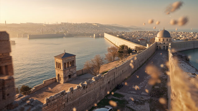 Scenic aerial view showcasing a historical fortress wall overlooking the serene waters of a coastal city at sunset