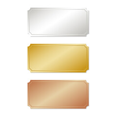 Gold, silver and bronze empty rectangular frames on a white background. 