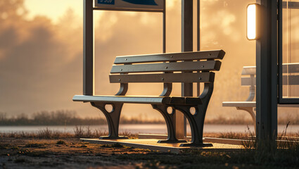 Serene bench at a bus stop illuminated by golden hour sunlight creating calm and peaceful ambiance outdoors