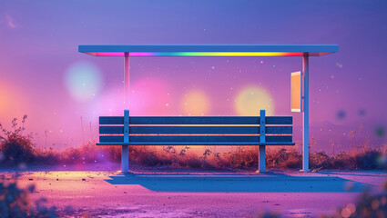 Serene bus stop illuminated with vibrant rainbow lights at twilight casting a dreamy and atmospheric scene.